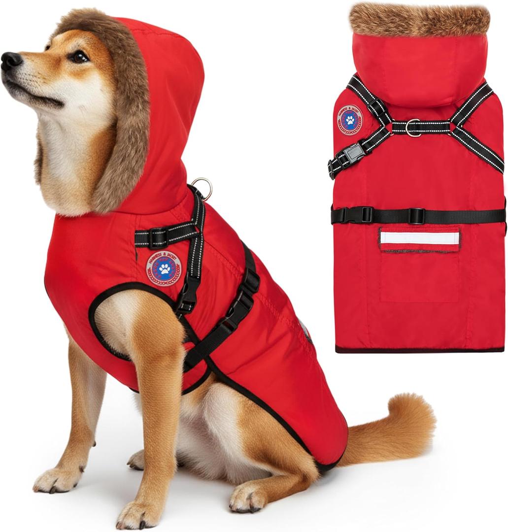 PAWNISAW Dog Winter Coat with Harness Built in, Warm Thick Plush Hooded Dog Snow Jacket for Cold Weather, Windproof Reflective Pet Clothes Outfit for Large Dogs Outdoor