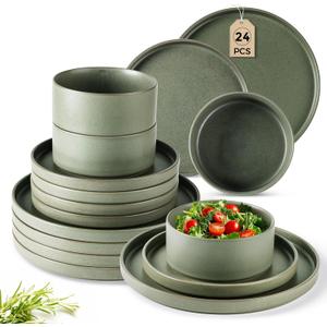 GBHOME Ceramic Dinnerware Sets for 8, Stoneware Plates and Bowls Sets, Chip and Scratch Resistant Dishes, Dishwasher & Microwave& Oven Safe Dishes sets, Reactive Glaze-Green