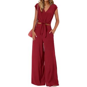 PRETTYGARDEN Women's Summer 2 Piece Outfits 2026 Cap Sleeve V Neck Belted Crop Tops Wide Leg Pant Sets Casual Tracksuit (Solid Wine Red)