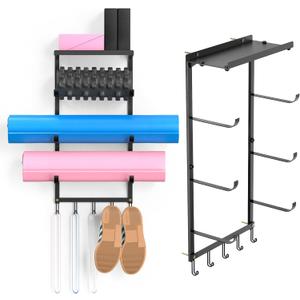 Wall-Mounted Yoga Mat Organizer Lightweight Iron Space-Saving Storage Rack with 3-Tiers for Yoga Mats, Foam Rollers, 5 Hooks for Resistance Bands & Accessories, Ideal for Beginners Black