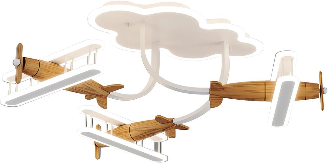 Airplane Ceiling Light Fixtures Cartoon Kids Chandelier Creative Wooden&Metal Lampbody with Acrylic Shade Flush Mount Ceiling Lamp for Children's Bedroom Nursery (A-White), L28.7 * W28.7*H10.2 inches