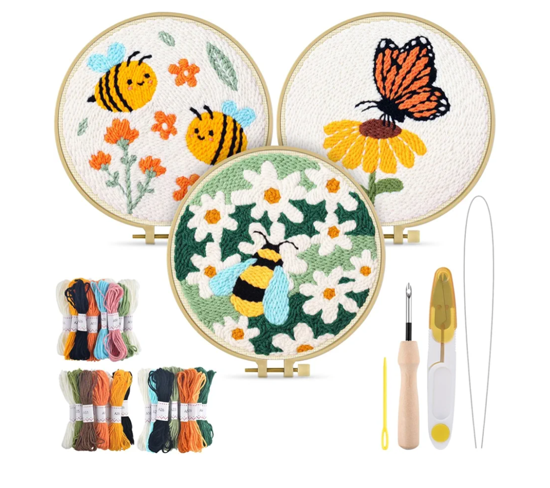 TINDTOP 3 Sets Punch Needle Kits, Flowers Punch Embroidery Kits for Adults Beginner, Tool with Punch Needle Fabric, Hoops, Yarns and Sewing Needles