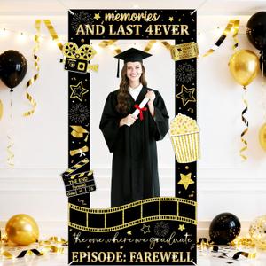 Graduation Decorations Class of 2026 Graduation Party Photo Booth Prop Black Gold Movie Background Congrats Grad Backdrop Banner for Middle High School College Party Decorations