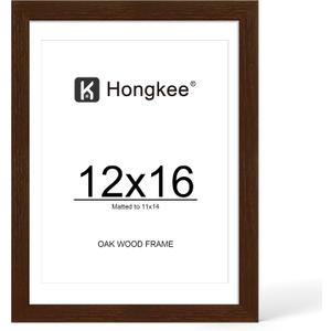 Hongkee 12x16 Oak Wood Picture Frame, Display Photos 11 x 14 with Mat or 12 x 16 without Mat - Tempered Glass Cover, Horizontal and Vertical Display for Wall Mounting (Walnut, Set of 1)