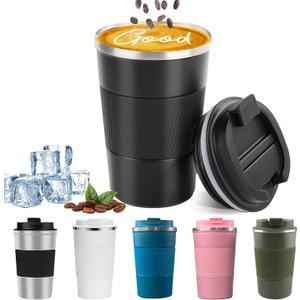 YINBAOGE Insulated Travel Coffee Mug, Spill & Leak Proof, Portable To Go Camping Stainless Steel Coffee Tumbler, Reusable Thermal Coffee Cup with Lid for Hot & Cold Drinks (Black, 12 OZ)