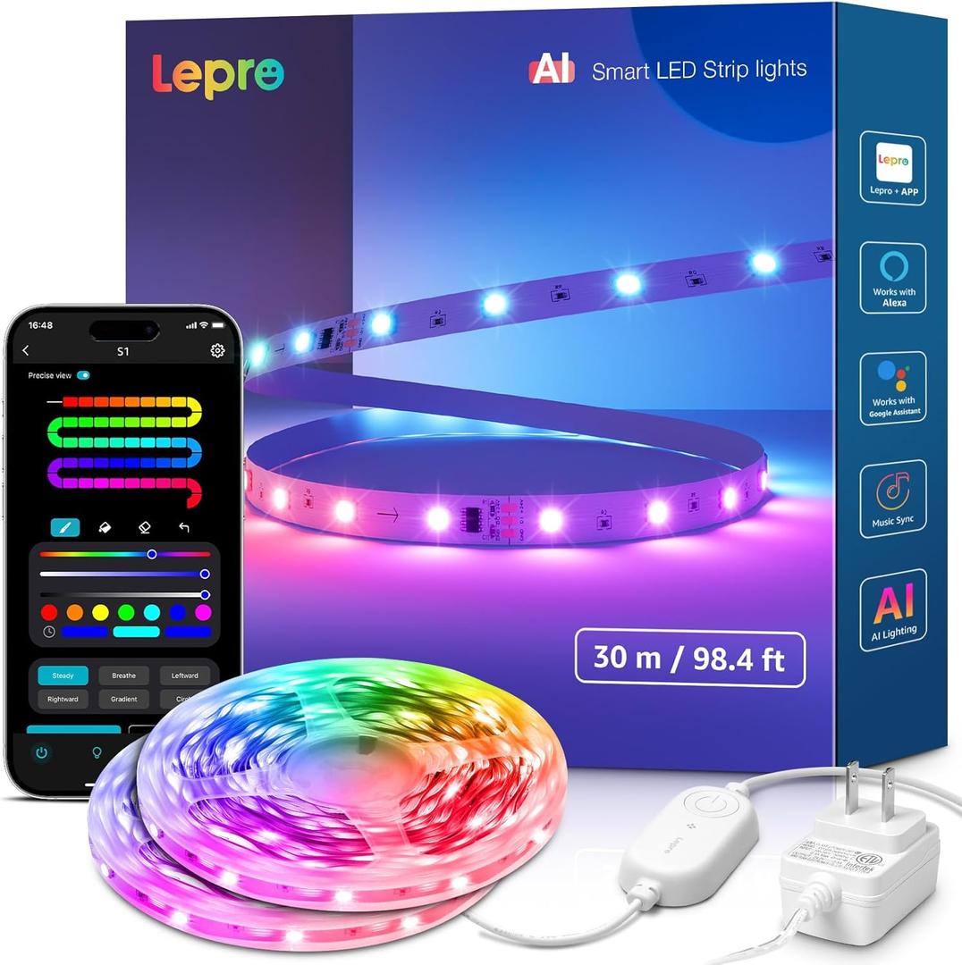 Lepro S1 AI LED Strip Lights for Bedroom - 100ft(2 Rolls of 50ft) Smart RGB Light Strips with IC and Rainbow Chasing Effects, Personalized Al Lighting Designer, No Remote, 2.4G Wi-Fi & Bluetooth
