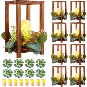 8 Set/24 Pcs Wooden Wedding Lantern Centerpiece Include 8 Wooden Lantern Candle Holder 8 Flameless LED Candle 8 Eucalyptus Leaves Wreath for Centerpieces Wedding Table Party Farmhouse Decor