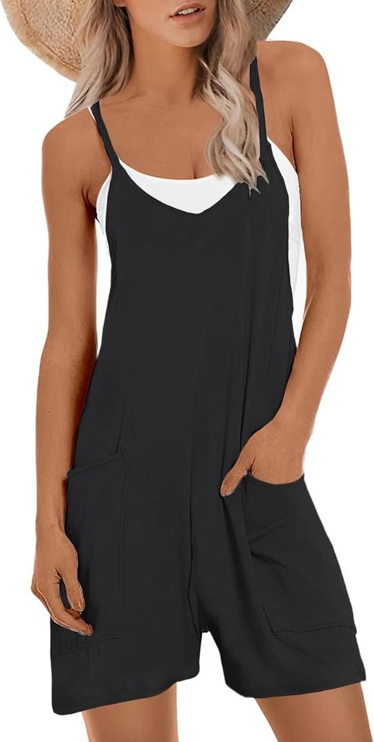 Muchpow Women's V Neck Sleeveless Romper Summer Casual Loose Spaghetti Strap Short Overalls Jumpersuit with Pockets (Black), L