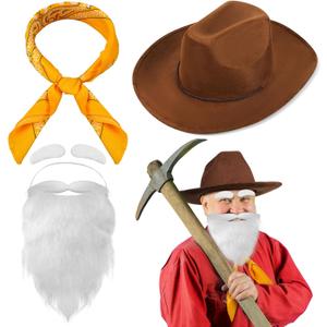 4 Pcs Halloween Prospector Costume Accessories Include Cowboy Costume Hat Paisley Bandana Fake Beard and Eyebrows for Adults Halloween Cosplay Party