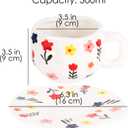 Floral Ceramic Coffee Mug with Saucer - 10oz Chunky Handle Tea Cup, Cute Irregular Pinch Pottery for Latte Cappuccino (White/Colorful Flowers)
