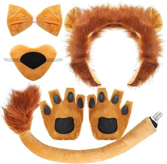 Lion Ears Headband 4PCS Lion Ears Tail Gloves Costume Accessories Halloween Cosplay for Birthday Party