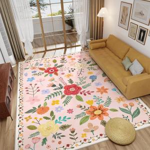 Machine Washable Area Rugs 8X10 - Washable Floral Rugs with Non Slip Backing for Living Room Bedroom Dining Room Stain Resistant, Floral Soft Low-Pile Large Rugs for Playroom, Beige/Pink