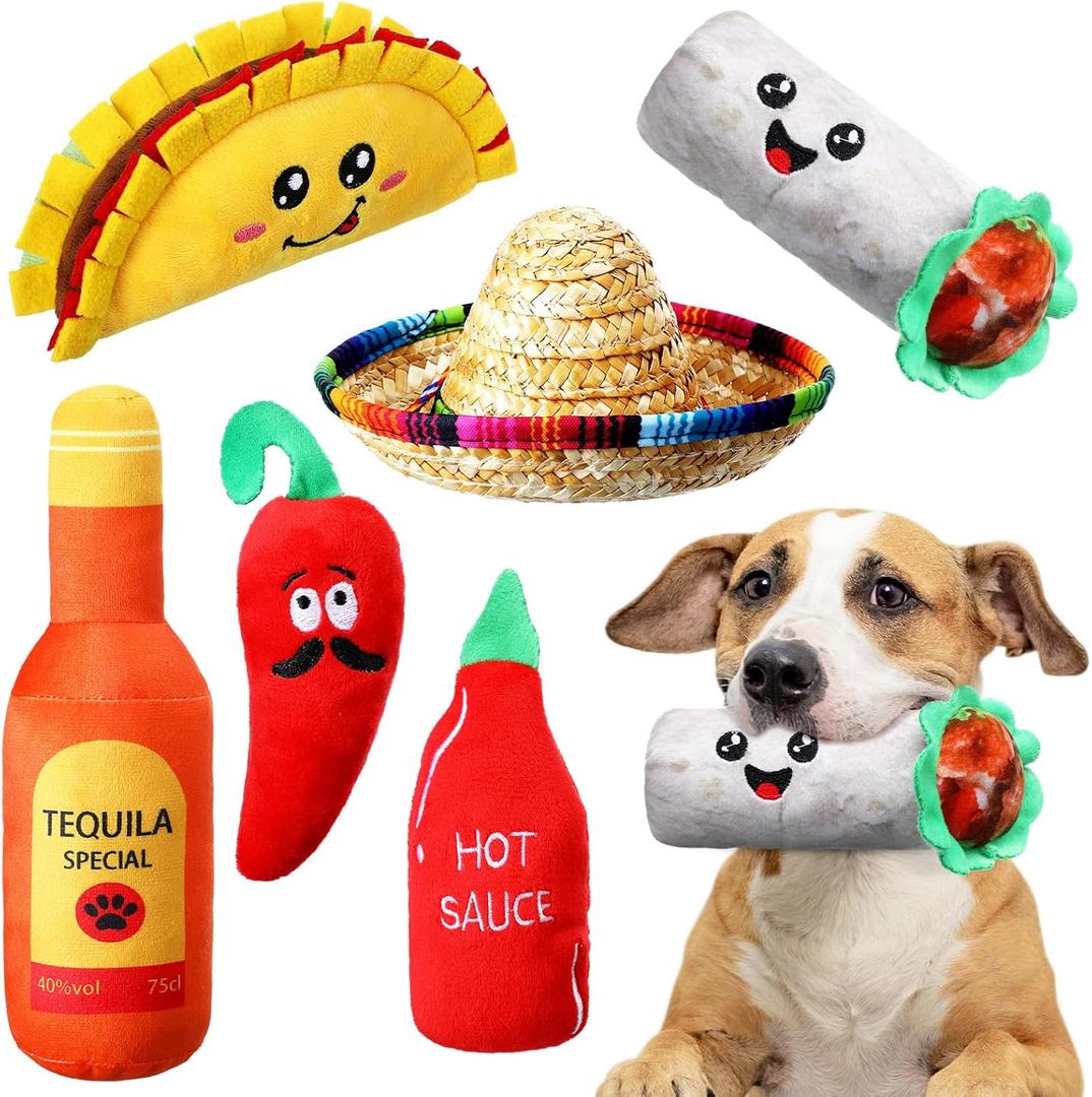 Syhood 6 Pcs Fiesta Dog Chew Toys Dog Sombrero Set, Include 1 Mexican Sombrero Hat for Small Dog, 5 Squeak Plush Toys, Dog Chew Supplies for Halloween Christmas Pet Gift