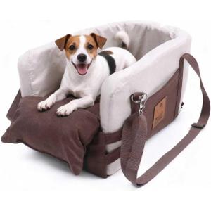 JZXOIVA Console Dog Car Seat & Travel Bed for Small/Medium Dogs, Booster Dog Car Seat with Safety Tether, Non-Slip Base, Washable Cover, Front or Back Seat Pet Carrier Bed, Brown