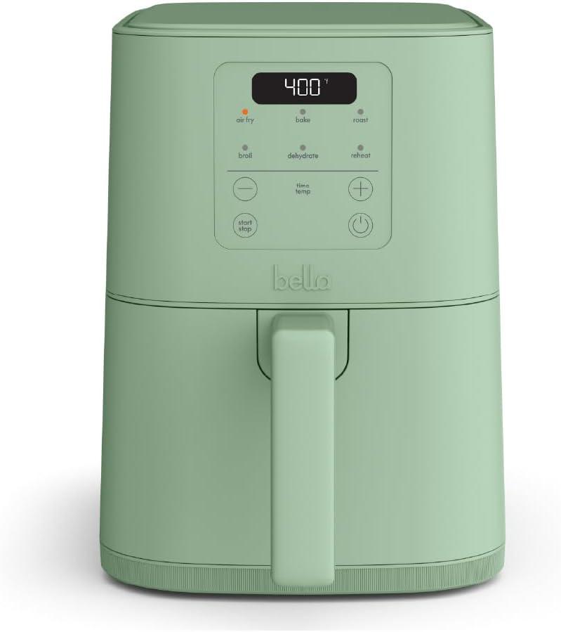 bella 4Qt Slim Air Fryer, Fits-anywhere Kitchenware, EverGood Ceramic Nonstick Coating, Adjustable Temperature, 6 Preset Cooking Options, 60 Min Auto Shutoff w Audible Tone, 3.3lb Capacity, Seaglass