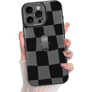 KANGHAR Compatible with iPhone 16 Pro Case, Silicone Checkered Cute Pattern, Wristband Kickstand Camera Protection Soft Slim Cover for Girls Women -White