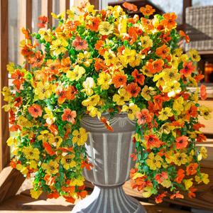 Artificial Flowers for Outdoors Fake Mums Hanging Plants Decor, 2Pcs Silk Daisy with Eucalyptus UV Resistant Look Real Trailing Vines for Planter Front Door Patio Yard, OrangeYellow
