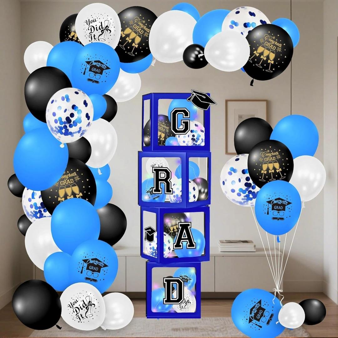 114 Pcs Blue Graduation Decorations Class of 2026, Balloons Arch Kit 4 Boxes Set Party Supplies Backdrop with So Proud of You Letters 4 Lighted Strings