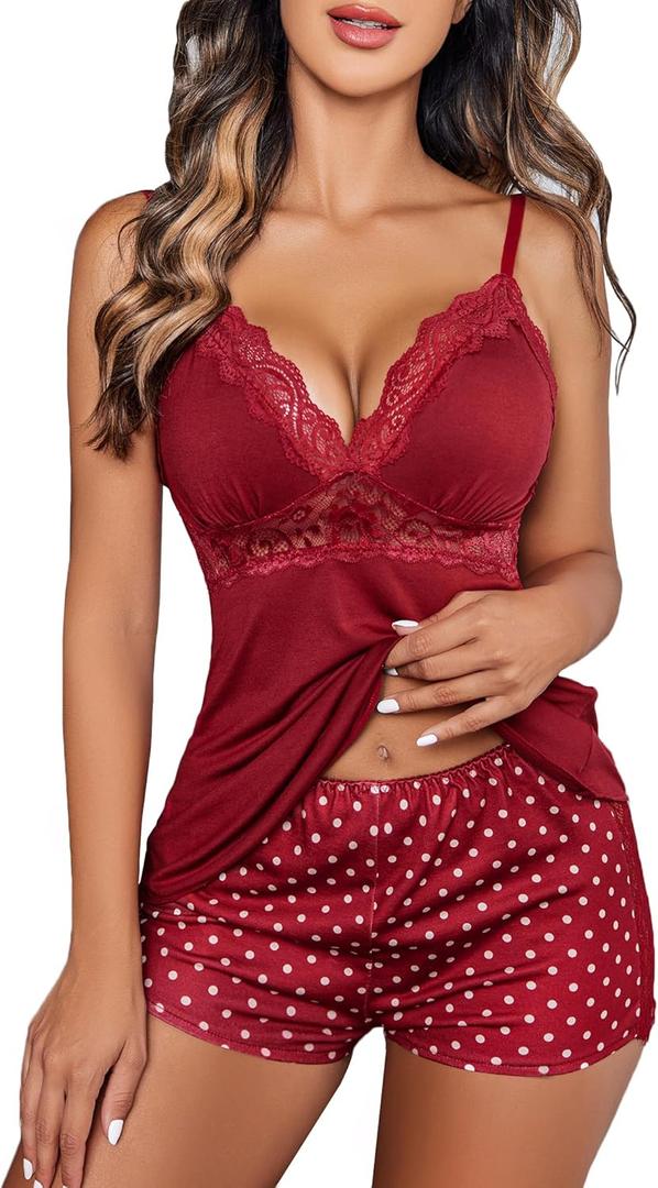 Avidlove Womens Sleepwear Lace Pajamas Cami PJS Set Pajama Set for Women (Small, Wine Red Dots)
