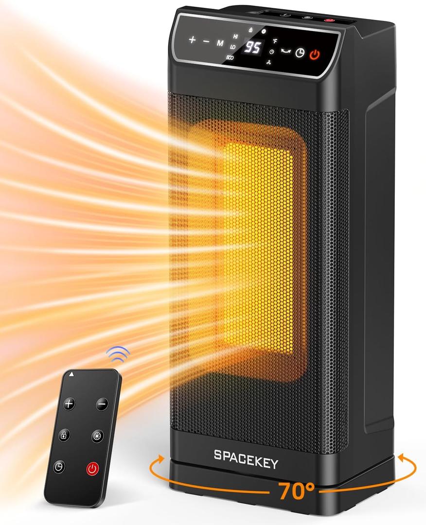 Space Heater, Electric Space Heaters for Indoor Use with Thermostat, Remote, 1-12H Timer, 70Oscillation and Overheat Protection, 1500W PTC Ceramic Fast Safety Heat for Office Bedroom (Black)