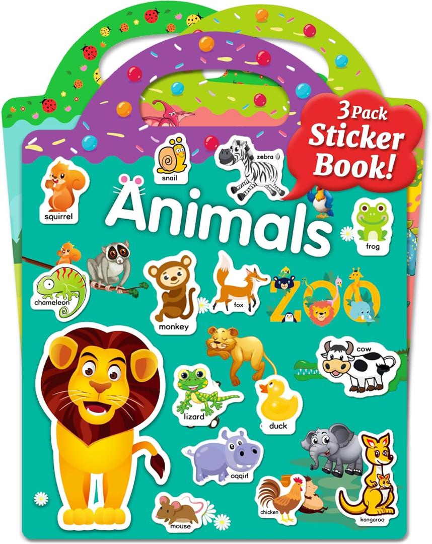 Benresive Reusable Sticker Book for Toddlers, Stickers for Kids, Travel Toys for Arts & Crafts Activities, Birthday Gift for Boys & Girls, Animals Dinosaurs Insects Themes