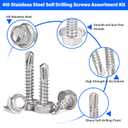 450PCS Self Tapping Screws for Metal, 410 Stainless Steel Self Drilling Screws #8#10 Hex Head Sheet Metal Screws Assortment Kits, Length 1/2"" to 1-1/4'' (Silver)