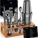 IOV Mixology Bartender Kit Bar Set with Stand | 17-Piece Cocktail Shaker Set | 28oz Boston Shaker Drink Mixer Set with All Essential Accessory Tools | Fun Housewarming Gift (Black)