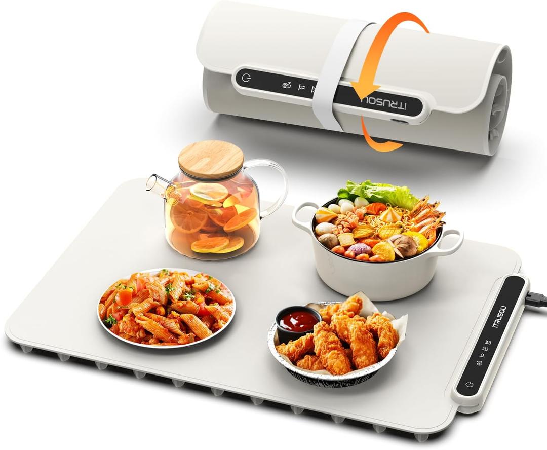 Food Warming Mat, iTRUSOU Electric Warming Tray Full Surface Heating to Keep Food Warm or Thawing, Versatile Food Warmer with 3 Temperature Setting for Parties Buffets Gatherings Holidays Daily Use (18.5*12.8inch-110V, Off-White)
