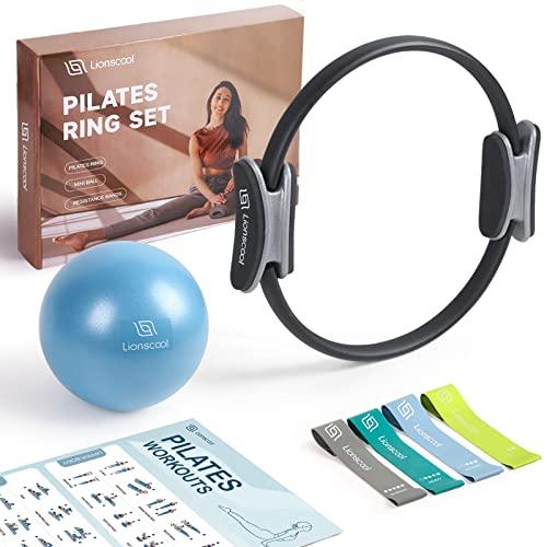 LIONSCOOL Pilates Ring Set - Valentine‘s Day Gift - 14" Anti-Deformation Magic Circle with Padded Handles, Mini Ball, Resistance Bands, Guide & Bag