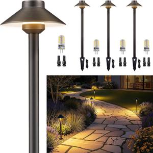 Gardenreet Low Voltage Landscape Lighting Brass - 12v Pathway Lights Waterproof, Hardwired Path Light Outdoor, Antique Bronze for Exterior Patio Garden with 3W 2700K Warm White G4 Bulb (4 Pack)