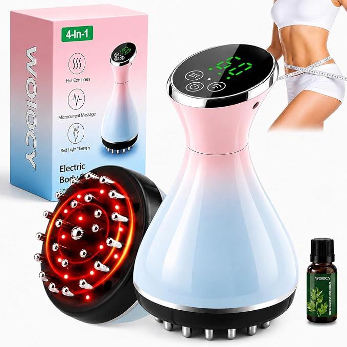 Lymphatic Drainage Massager, 4-in-1 Anti Cellulite Massage Tool with Microcurrent, Red Light, Heat & Vibration, Helps Reduce Cellulite, Stretch Marks & Puffiness, Body Sculpting Machine Pink & Blue