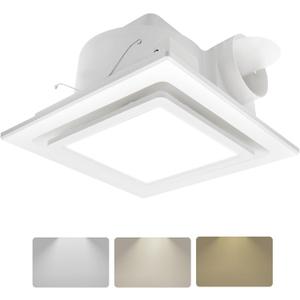 Bathroom Exhaust Fan with Color adjustable Light,3000K,4500K,6000K Square LED Combo,0.7 Sones 141CFM,11.8IN Ultra Quiet Ceiling Ventilation Fan,for Bathroom, Office, Home (3 Adjustable Colors LED)