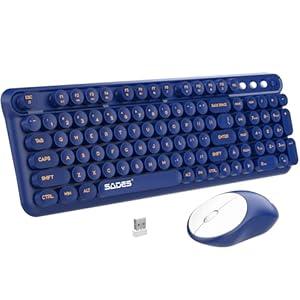 Wireless Keyboard and Mouse, 2.4G Retro Typewriter Keyboard and Mouse Combo, Cute Round Keypads for Computer Windows Laptop, Detachable Home Office Keyboard Plug and Play, Navy Blue 