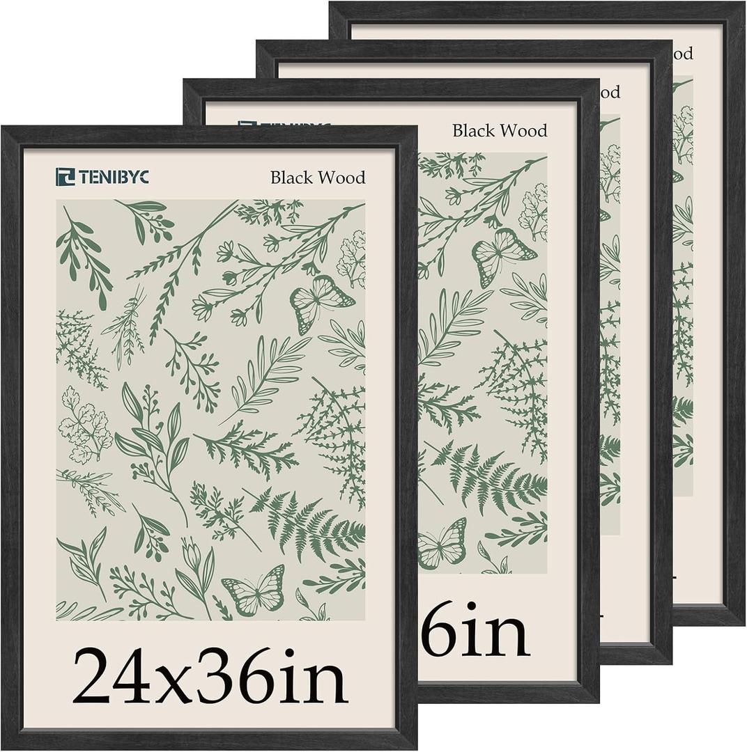 24x36 Poster Frame 4 Pack, Textured Black Wood Picture Frame, Suitable for Photos, Puzzles, Paintings & Maps, Wall Hanging