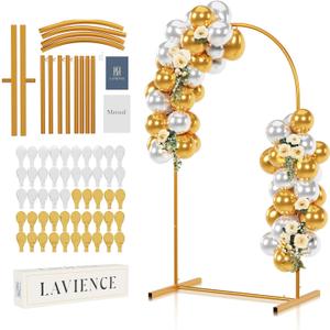 Gold Metal Arch Backdrop Stand - 7.2ft Balloon Arch Stand Backdrop Set with Gold and Silver Balloons - Photo Arched Birthday Background Decor, Party Arches Frame for Wedding Baby Shower Grad