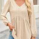 Tankaneo Womens Long Sleeve Shirts V Neck Loose Fit Tunic Tops Babydoll Peplum Top Flowy Dressy Casual Blouse Eyelet T-Shirt (XX-Large)
