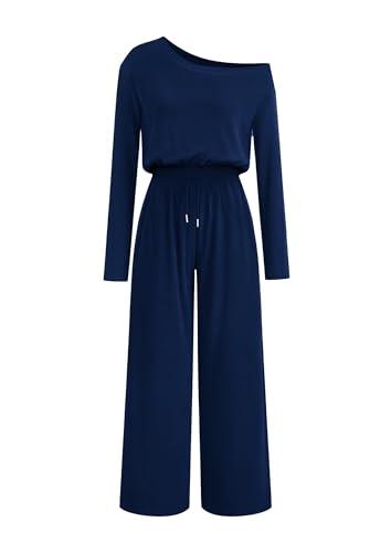Lazysmile Jumpsuits For Women Dressy Long Sleeve Off Shoulder One Piece Wide Legs Rompers Casual Fall Outfits with Pockets XXL