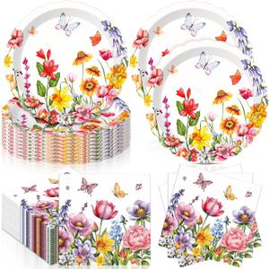 Funnymoom 96 Pcs Wildflower Tableware Set for 48 Guests Include 48 7 Inch Dessert Plates and 48 Napkins Watercolor Disposable Dinnerware for Birthday Holiday Tea Party Supplies