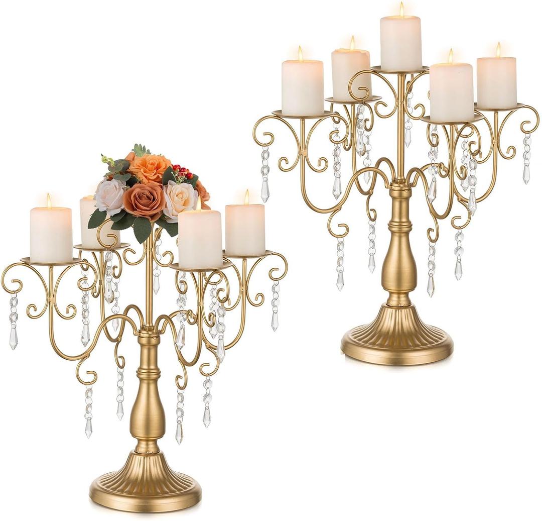 Sziqiqi Gold Candelabra Candle Holder - 5 Arm Pillar Candle Holders with Crystal Beads for Christmas Table Centerpiece Halloween Wedding Candleholders Decoration Set of 2