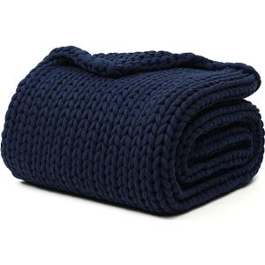 YnM 100% Cotton Weighted Blanket, Handmade Chunky Knitted Throw, No fillers Design, Soft and Breathable, Machine Washable Bed Blanket for Sleep or Home Decor (Navy Blue, 43x50 Inch, 10lbs)