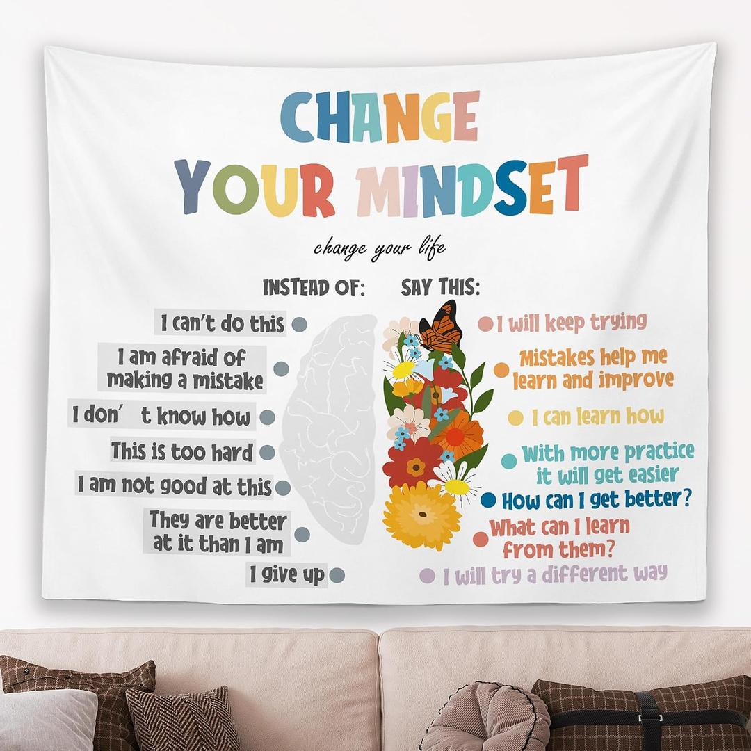 MNOSAIOO Mental Health Colorful Wall Tapestry Hanging for Classroom Kids, Change Your Mindset Tapestry, Inspirational Floral Tapestries Wall Decor for Bedroom Therapy Office School Counselor 60x50 in