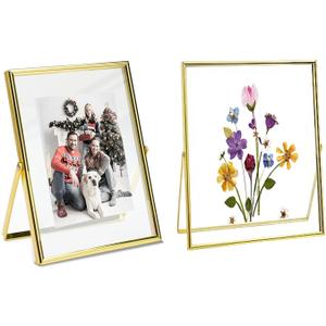 6x8" Gold Picture Frames Set of 2,Glass Frames for Pressed Flowers 6"x8" Floating Picture Frame for Photo (4x5,4x6,5x6,5x7in Float Effect),up to 6 by 8" Full Size Display,for Wedding/Postcard/Collage