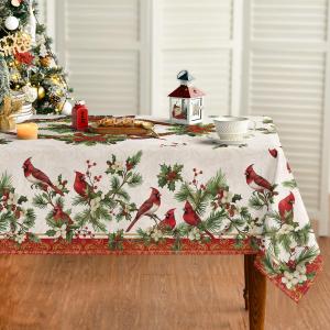 Horaldaily Christmas Tablecloth 60104 Inch Rectangular, Cardinal Bird Silk Ribbon Pine Cone Washable Table Cover for Party Picnic Dinner Decor (Red/Green)