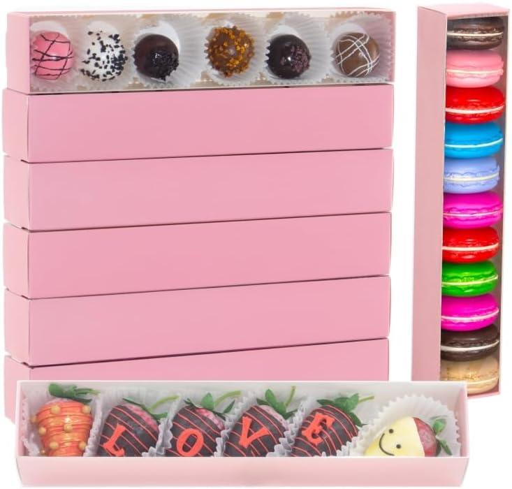 Romantic Baking 50 Pack Long Chocolate Covered Strawberry Macaron Truffle Cocoa Bomb Cookies Bakery Boxes (12x2x2 Inches) (Pink)