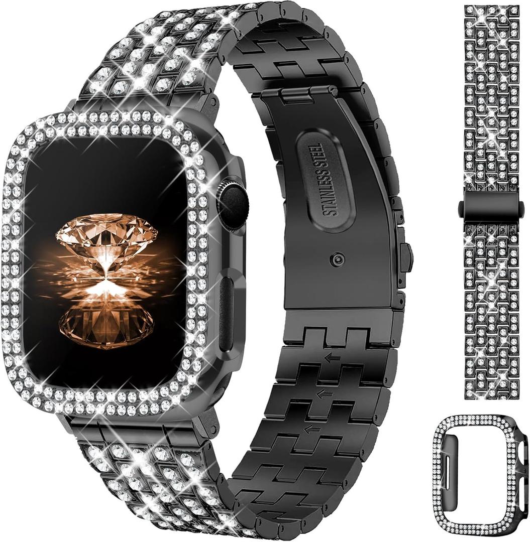 JR.DM Diamond Bands with Bling Case Women Compatible with Apple Watch 40mm 38mm 41mm 44mm 45mm 42mm 46mm 49mm Luxury Metal Bracelet Replacement Strap for iWatch Series Ultra/SE/10/9/8/7/6/5/4/3/2/1