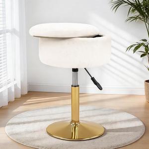 LITZFUR Adjustable Vanity Stool with Storage, 360° Swivel Gold Chair, Faux Fur Small Round Ottoman Footrest for Bathroom, Makeup Room, White