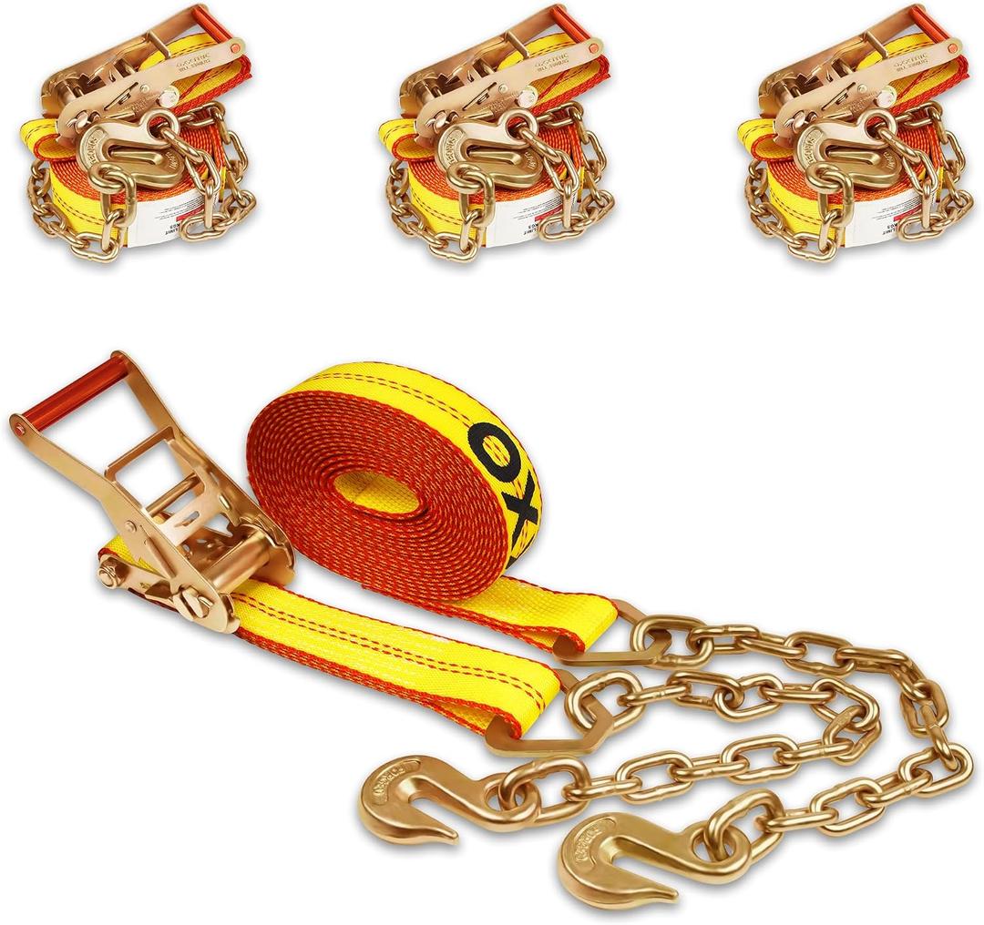 Chain Ratchet Straps 2 Inch x 27 Foot, Cargo Tie Down,4 Pack, 324 inches x 2 inches
