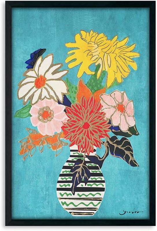 Yidepot Teal Gold Flowers Wall Decor - Vase Flower Boho Blue Floral Art Prints Fake Black Frame Colorful Art Work for Bedroom Walls 16"x24"-black wood frame