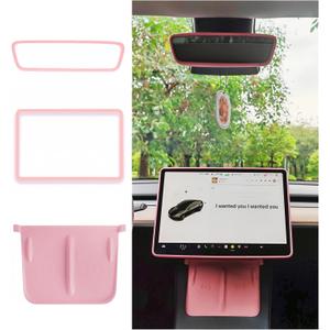 Tesla Model 3 Model Y Accessories of Screen Protector Frame + Center Console Wireless Charging Silicone Pad + Interior Rear View Mirror Cover 3pcs 3in1 (Pink)