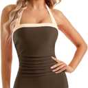 SUUKSESS Women Sexy Tummy Control One Piece Swimsuit Halter Retro Bathing Suit (Brown, M)